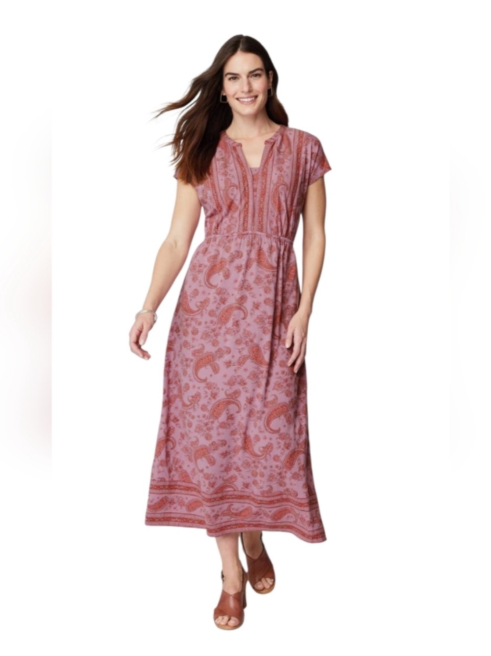 Pure Jill Border Print Maxi Dress Small Petite Pink Purple Paisley Casual NWT